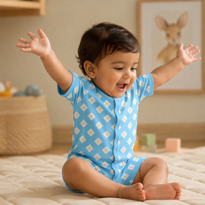 Mimi Baby Romper | Argyle | Geo Play | Bamboo-Cotton, 3× Softer, Tagless | 0-24M