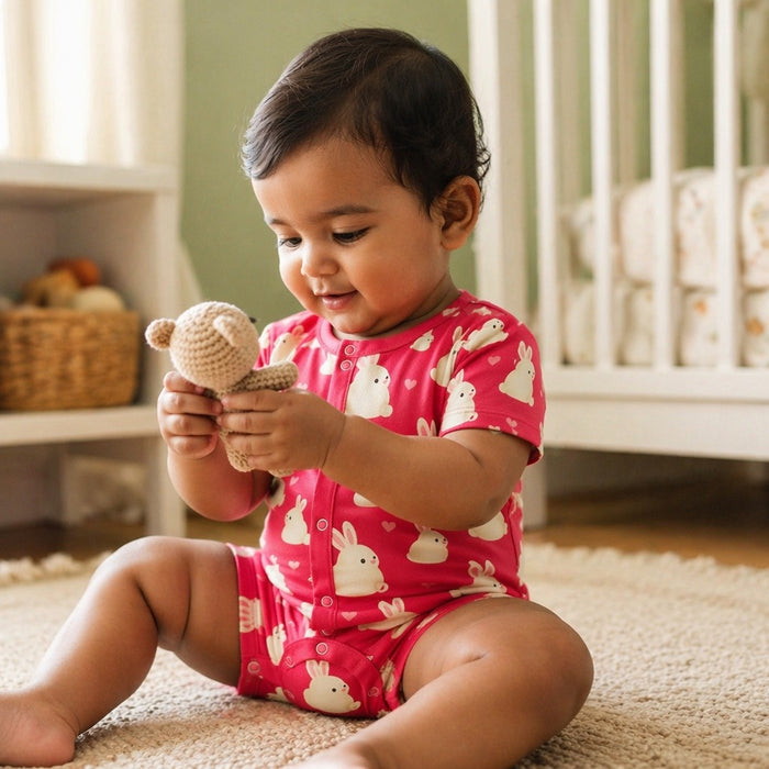 Mimi Baby Romper | Bunny Hop | Blossom | Bamboo-Cotton, 3× Softer, Tagless | 0-24M