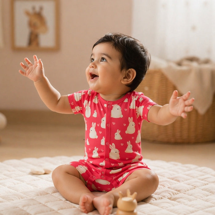 Mimi Baby Romper | Bunny Hop | Blossom | Bamboo-Cotton, 3× Softer, Tagless | 0-24M