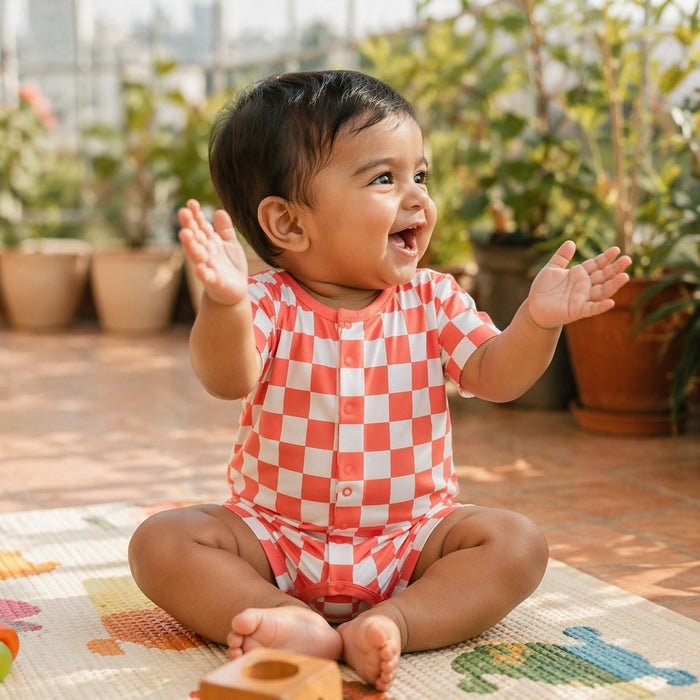 Mimi Baby Romper | Checkerboard | Geo Play | Bamboo-Cotton, 3× Softer, Tagless | 0-24M