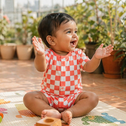 Mimi Baby Romper | Checkerboard | Geo Play | Bamboo-Cotton, 3× Softer, Tagless | 0-24M