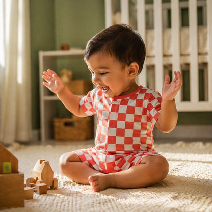 Mimi Baby Romper | Checkerboard | Geo Play | Bamboo-Cotton, 3× Softer, Tagless | 0-24M