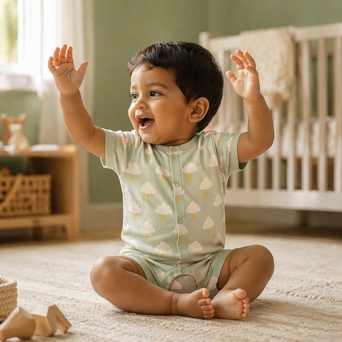 Mimi Baby Romper | Cloud + Lightning | Monsoon Magic | Bamboo-Cotton, 3× Softer, Tagless | 0-24M