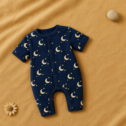 Mimi Baby Romper | Crescent Moon + Stars | Stardust | Bamboo-Cotton, 3× Softer, Tagless | 0-24M