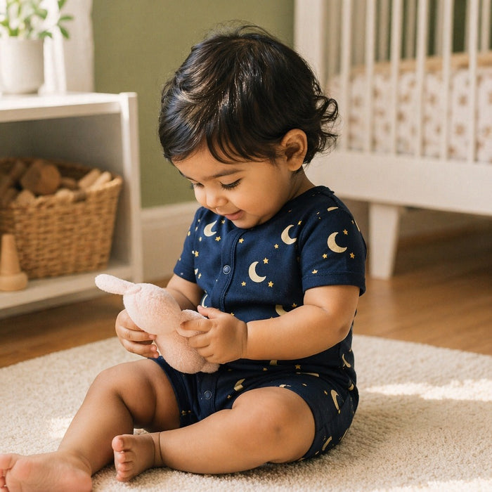 Mimi Baby Romper | Crescent Moon + Stars | Stardust | Bamboo-Cotton, 3× Softer, Tagless | 0-24M