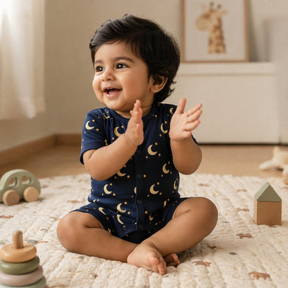 Mimi Baby Romper | Crescent Moon + Stars | Stardust | Bamboo-Cotton, 3× Softer, Tagless | 0-24M