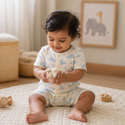 Mimi Baby Romper | Drifting Clouds | Monsoon Magic | Bamboo-Cotton, 3× Softer, Tagless | 0-24M