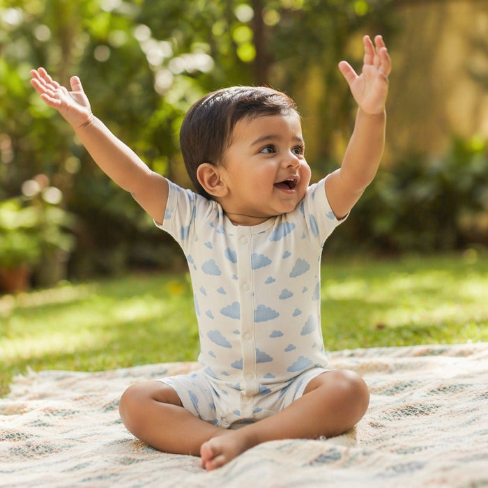 Mimi Baby Romper | Drifting Clouds | Monsoon Magic | Bamboo-Cotton, 3× Softer, Tagless | 0-24M