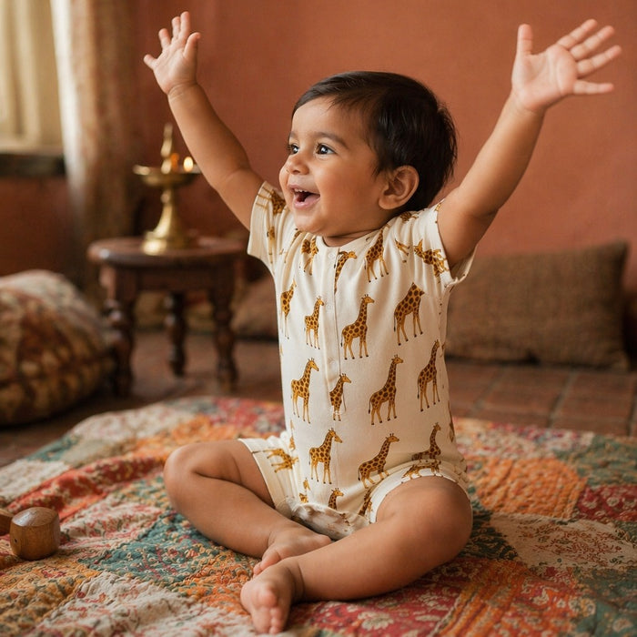Mimi Baby Romper | Giraffe Royale | Safari Tales | Bamboo-Cotton, 3× Softer, Tagless | 0-24M