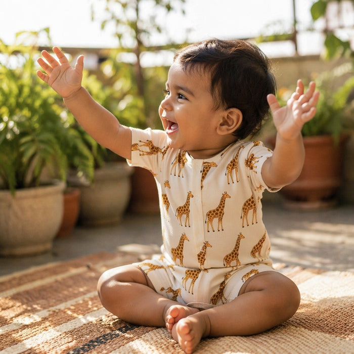 Mimi Baby Romper | Giraffe Royale | Safari Tales | Bamboo-Cotton, 3× Softer, Tagless | 0-24M