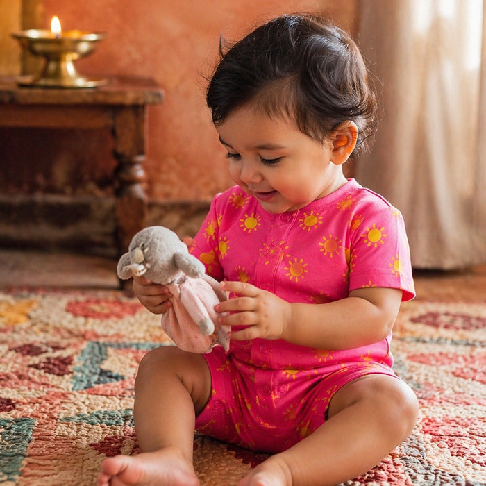 Mimi Baby Romper | Golden Sun | Monsoon Magic | Bamboo-Cotton, 3× Softer, Tagless | 0-24M