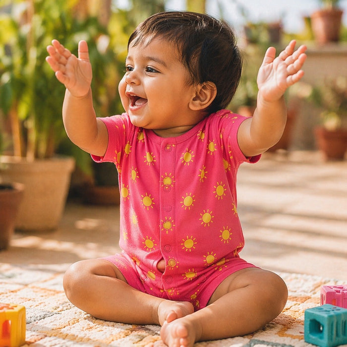 Mimi Baby Romper | Golden Sun | Monsoon Magic | Bamboo-Cotton, 3× Softer, Tagless | 0-24M