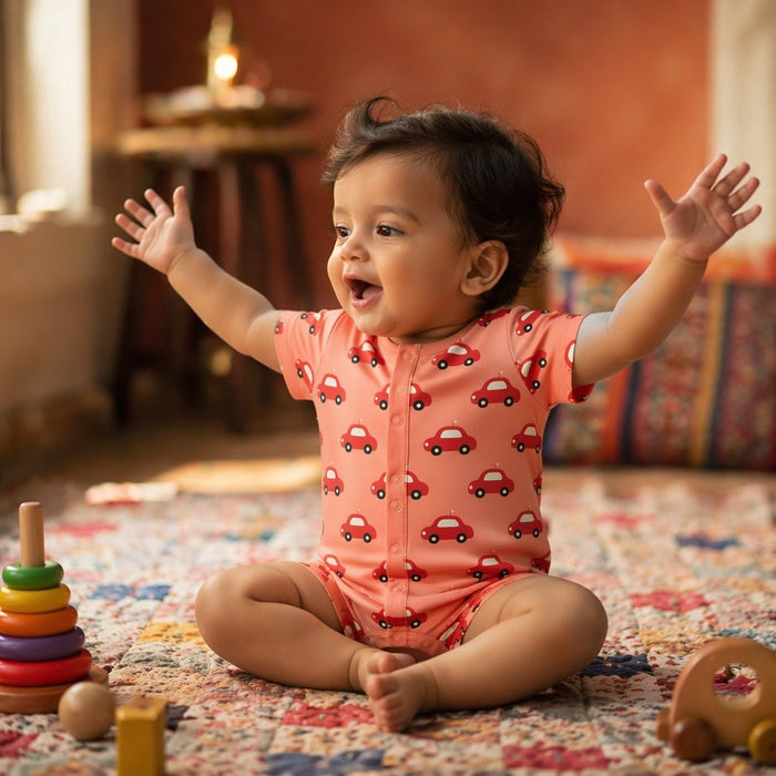 Mimi Baby Romper | Little Car | Little Voyager | Bamboo-Cotton, 3× Softer, Tagless | 0-24M