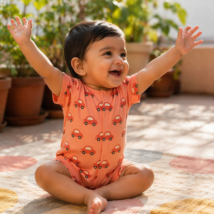Mimi Baby Romper | Little Car | Little Voyager | Bamboo-Cotton, 3× Softer, Tagless | 0-24M