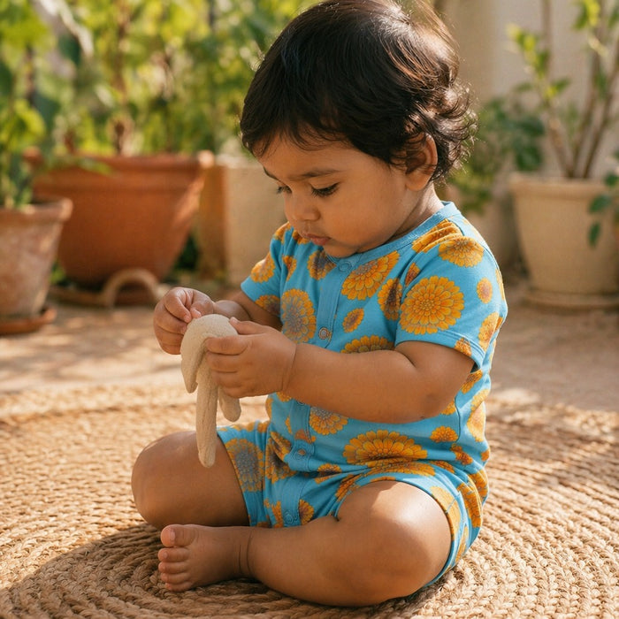 Mimi Baby Romper | Marigold Burst | Tropicale | Bamboo-Cotton, 3× Softer, Tagless | 0-24M