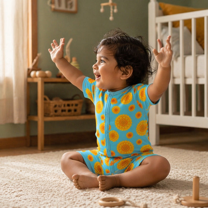 Mimi Baby Romper | Marigold Burst | Tropicale | Bamboo-Cotton, 3× Softer, Tagless | 0-24M