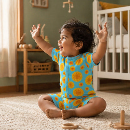 Mimi Baby Romper | Marigold Burst | Tropicale | Bamboo-Cotton, 3× Softer, Tagless | 0-24M