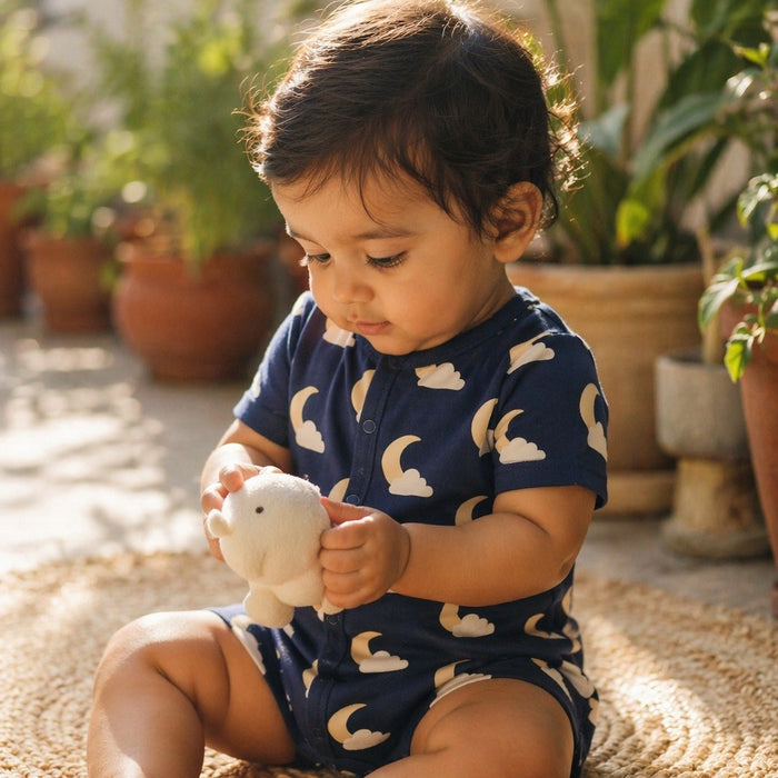 Mimi Baby Romper | Moon + Cloud | Stardust | Bamboo-Cotton, 3× Softer, Tagless | 0-24M