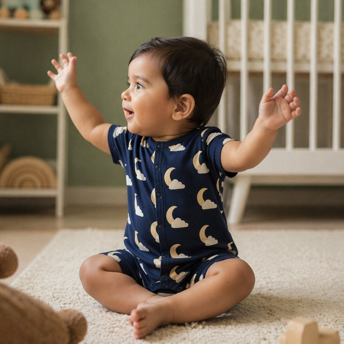 Mimi Baby Romper | Moon + Cloud | Stardust | Bamboo-Cotton, 3× Softer, Tagless | 0-24M