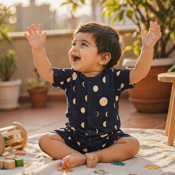 Mimi Baby Romper | Moon Phases | Stardust | Bamboo-Cotton, 3× Softer, Tagless | 0-24M