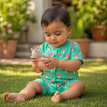 Mimi Baby Romper | Mushroom Magic | Blossom | Bamboo-Cotton, 3× Softer, Tagless | 0-24M