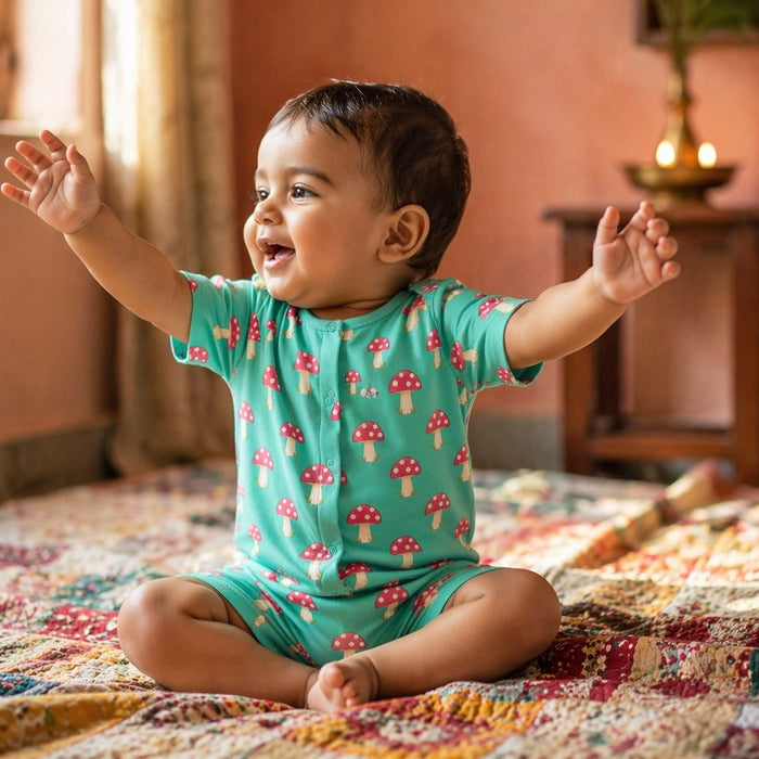Mimi Baby Romper | Mushroom Magic | Blossom | Bamboo-Cotton, 3× Softer, Tagless | 0-24M