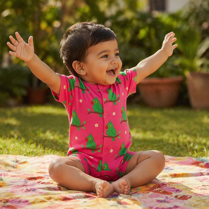 Mimi Baby Romper | Parrot on Branch | Tropicale | Bamboo-Cotton, 3× Softer, Tagless | 0-24M