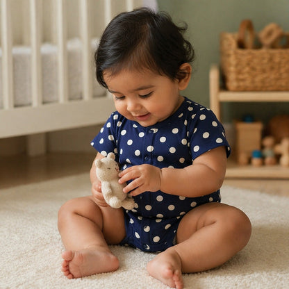 Mimi Baby Romper | Polka Dots | Geo Play | Bamboo-Cotton, 3× Softer, Tagless | 0-24M