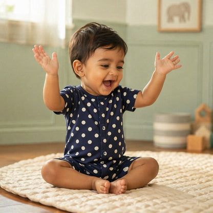 Mimi Baby Romper | Polka Dots | Geo Play | Bamboo-Cotton, 3× Softer, Tagless | 0-24M