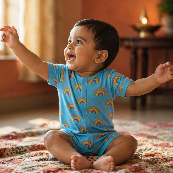 Mimi Baby Romper | Rainbow Arc | Monsoon Magic | Bamboo-Cotton, 3× Softer, Tagless | 0-24M