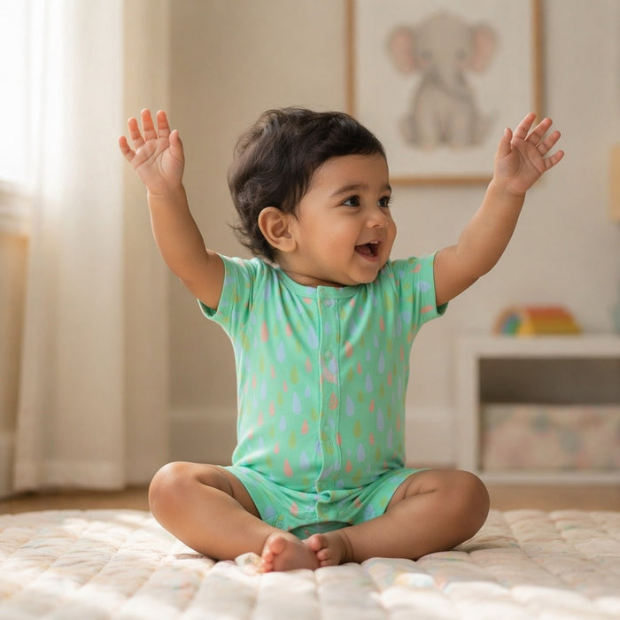 Mimi Baby Romper | Raindrop Scatter | Monsoon Magic | Bamboo-Cotton, 3× Softer, Tagless | 0-24M