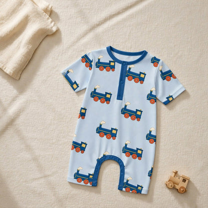 Mimi Baby Romper | Steam Train | Little Voyager | Bamboo-Cotton, 3× Softer, Tagless | 0-24M