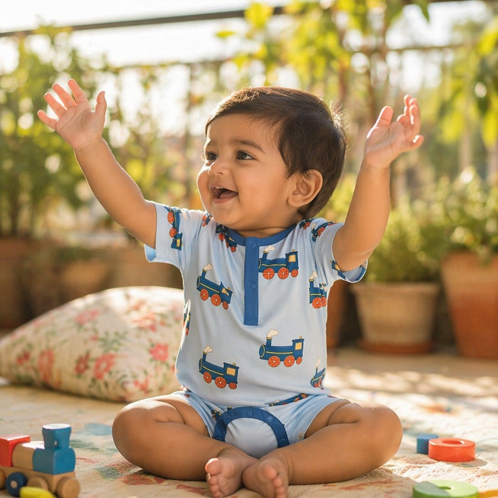 Mimi Baby Romper | Steam Train | Little Voyager | Bamboo-Cotton, 3× Softer, Tagless | 0-24M