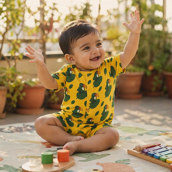 Mimi Baby Romper | Toucan & Leaf | Tropicale | Bamboo-Cotton, 3× Softer, Tagless | 0-24M
