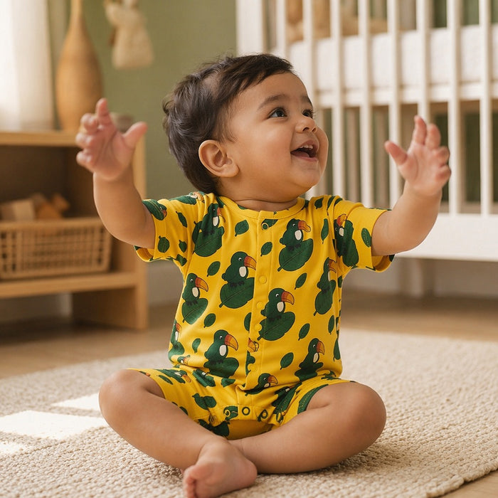 Mimi Baby Romper | Toucan & Leaf | Tropicale | Bamboo-Cotton, 3× Softer, Tagless | 0-24M