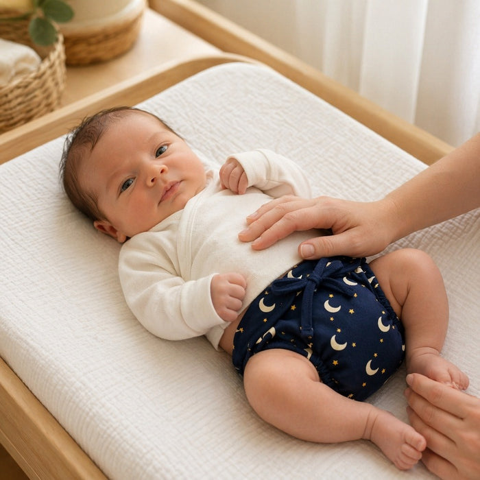 Mimi Langot | Crescent Moon + Stars | Stardust | Bamboo-Cotton DryFeel, Cloth Nappy | 0-6M