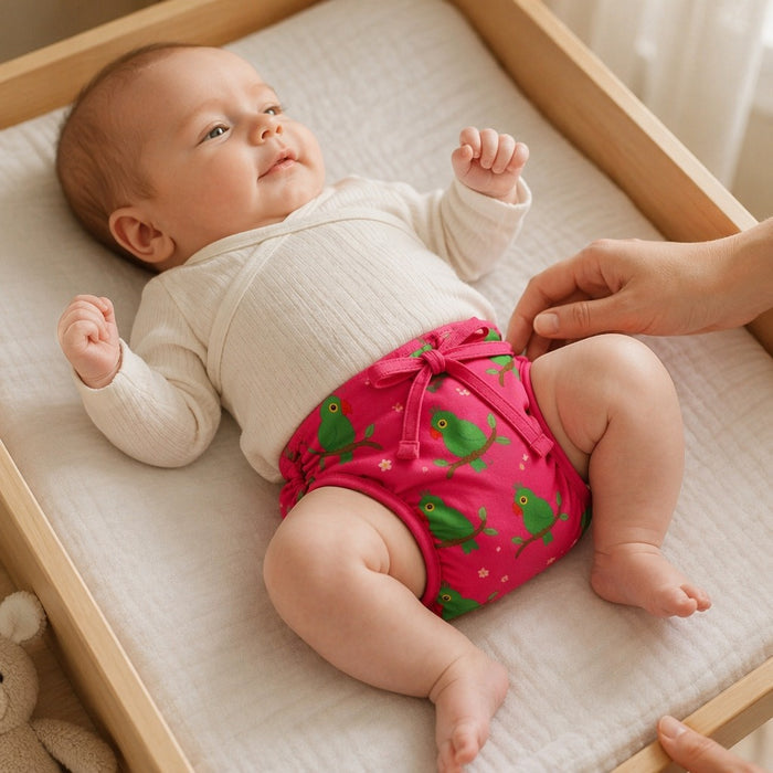 Mimi Langot | Parrot on Branch | Tropicale | Bamboo-Cotton DryFeel, Cloth Nappy | 0-6M