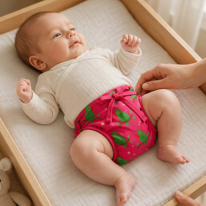 Mimi Langot | Parrot on Branch | Tropicale | Bamboo-Cotton DryFeel, Cloth Nappy | 0-6M
