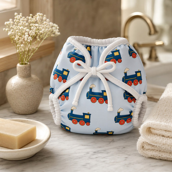 Mimi Langot | Steam Train | Little Voyager | Bamboo-Cotton DryFeel, Cloth Nappy | 0-6M
