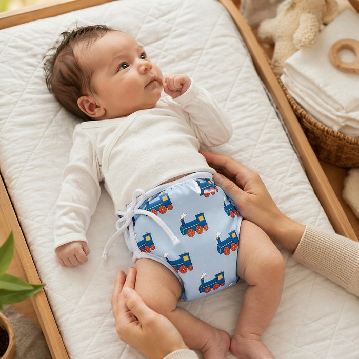 Mimi Langot | Steam Train | Little Voyager | Bamboo-Cotton DryFeel, Cloth Nappy | 0-6M