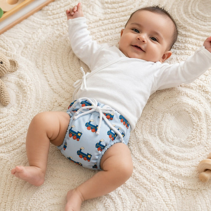 Mimi Langot | Steam Train | Little Voyager | Bamboo-Cotton DryFeel, Cloth Nappy | 0-6M