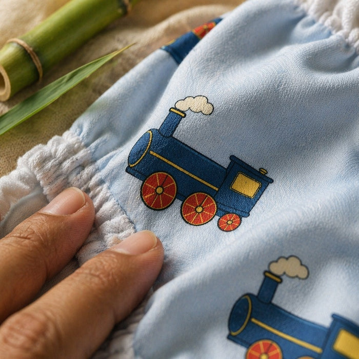 Mimi Langot | Steam Train | Little Voyager | Bamboo-Cotton DryFeel, Cloth Nappy | 0-6M
