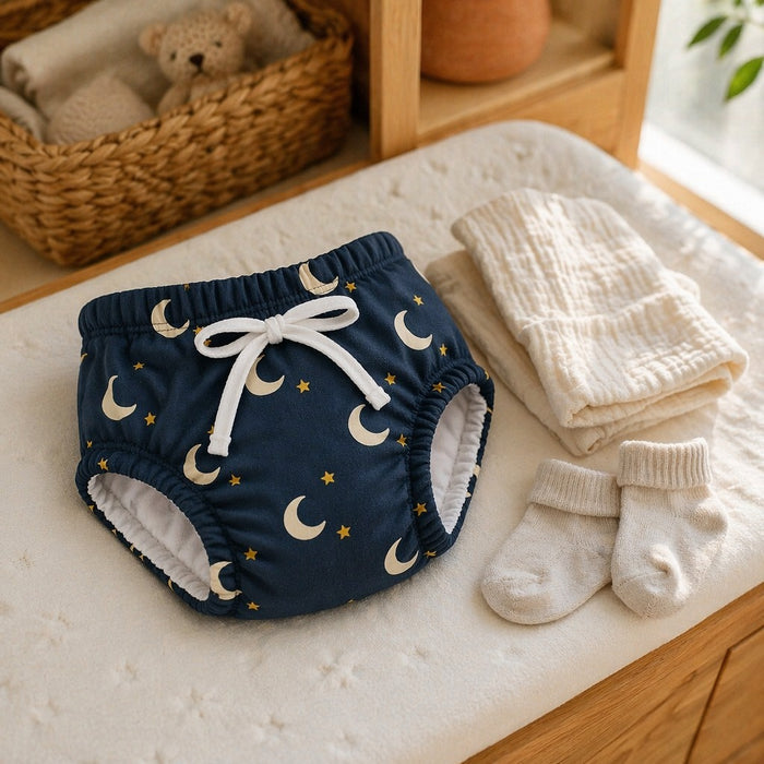 Mimi Potty Training Pants | Crescent Moon + Stars | Stardust | Bamboo-Cotton, Pull-Up, Semi-Waterproof | 9M-4Y