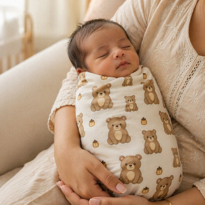 Mimi Swaddle Wrap | Bear Cub | Safari Tales | Bamboo-Muslin, 3× Softer, 120×120cm | 0-6M