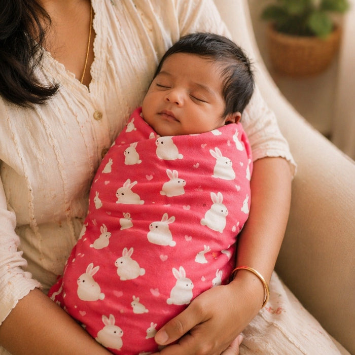 Mimi Swaddle Wrap | Bunny Hop | Blossom | Bamboo-Muslin, 3× Softer, 120×120cm | 0-6M