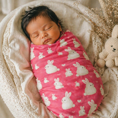 Mimi Swaddle Wrap | Bunny Hop | Blossom | Bamboo-Muslin, 3× Softer, 120×120cm | 0-6M