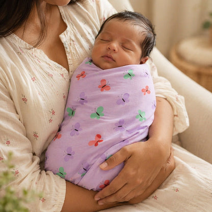Mimi Swaddle Wrap | Butterfly Garden | Blossom | Bamboo-Muslin, 3× Softer, 120×120cm | 0-6M