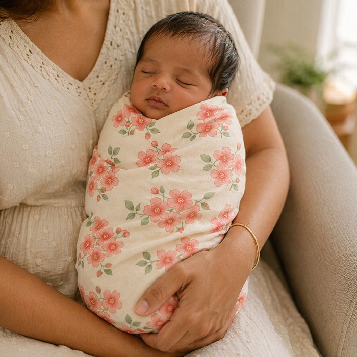Mimi Swaddle Wrap | Cherry Blossom | Blossom | Bamboo-Muslin, 3× Softer, 120×120cm | 0-6M