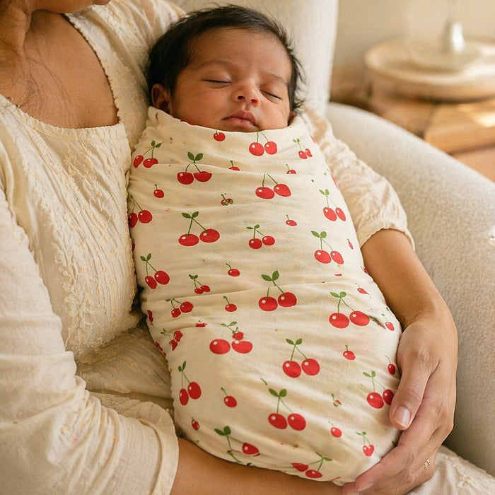 Mimi Swaddle Wrap | Cherry Pair | Orchard | Bamboo-Muslin, 3× Softer, 120×120cm | 0-6M
