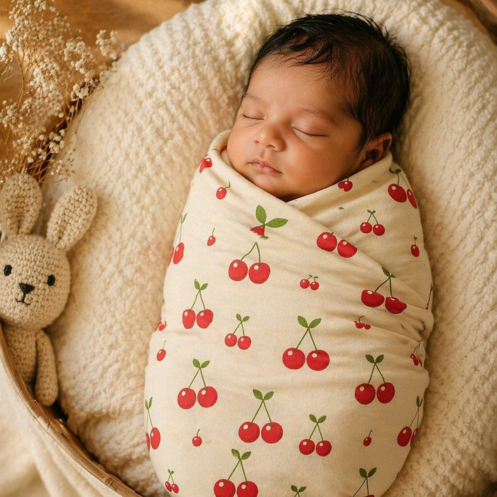 Mimi Swaddle Wrap | Cherry Pair | Orchard | Bamboo-Muslin, 3× Softer, 120×120cm | 0-6M